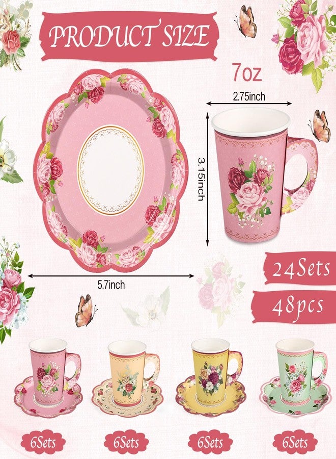 NatNarr 24 Sets Vintage Floral Tea Party Cups 7 OZ Disposable Paper Tea Cups with Handle and Plates Teacups and Saucer Sets for Baby Bridal Shower Wedding Birthday(Vintage Style) - Image 2